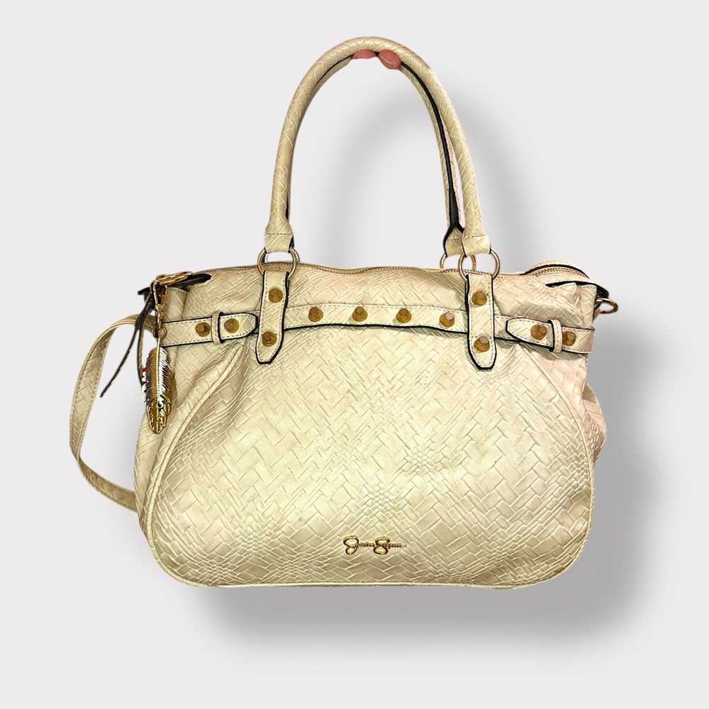 Cream Woven Leather Tote Bag with Gold Hardware